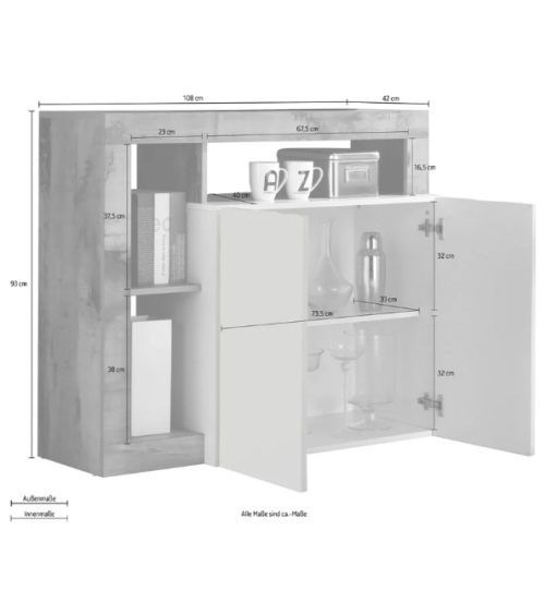 Buffet HAMBURG – Blanc laqué brillant / Chêne Cadiz